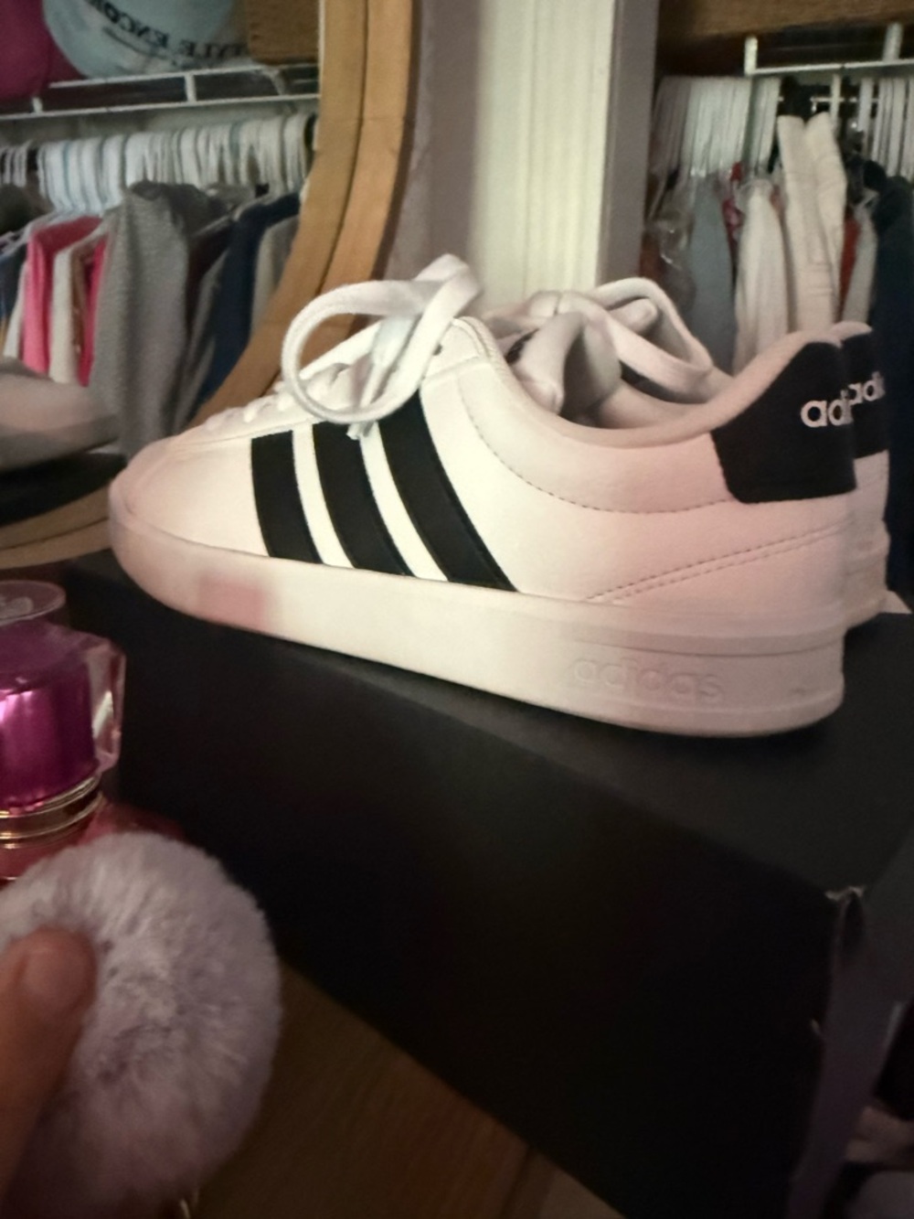 adidas White Sneakers with Black Stripes and Heel Tab